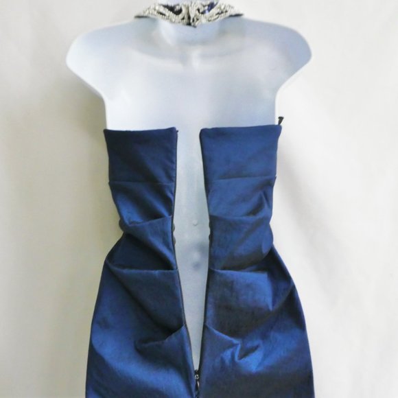 Vintage Cocktail Dress Cobalt Taffeta Ruched Bling Beaded Sequin Halter 4 USA - Picture 4 of 9